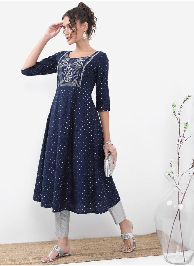 Vishudh Navy Blue Geometric Printed Thread Work A-Line Kurta by Styli  - Image 2