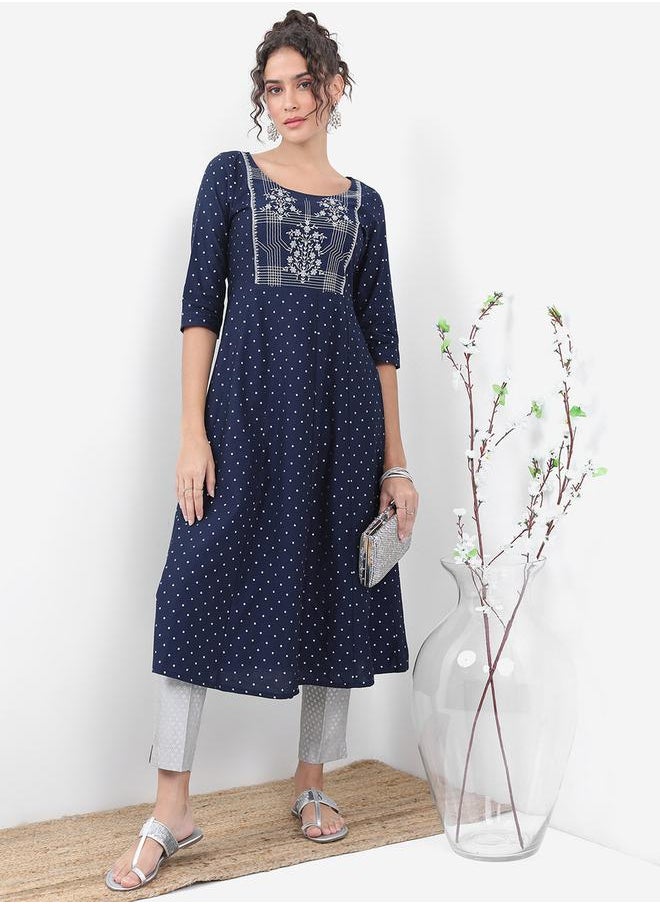 Vishudh Navy Blue Geometric Printed Thread Work A-Line Kurta by Styli  - Image 1