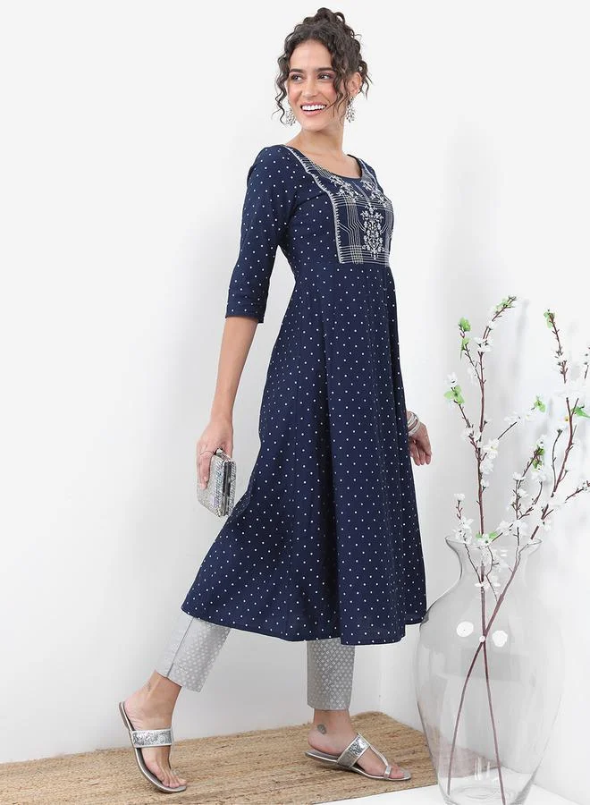 Vishudh Vishudh Navy Blue Geometric Printed Thread Work A-Line Kurta