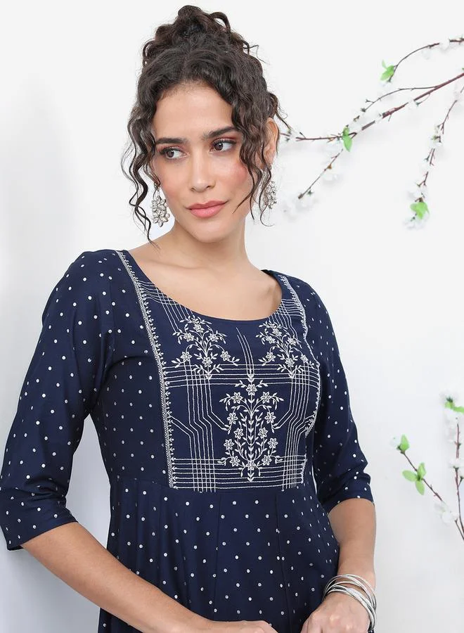 Vishudh Vishudh Navy Blue Geometric Printed Thread Work A-Line Kurta