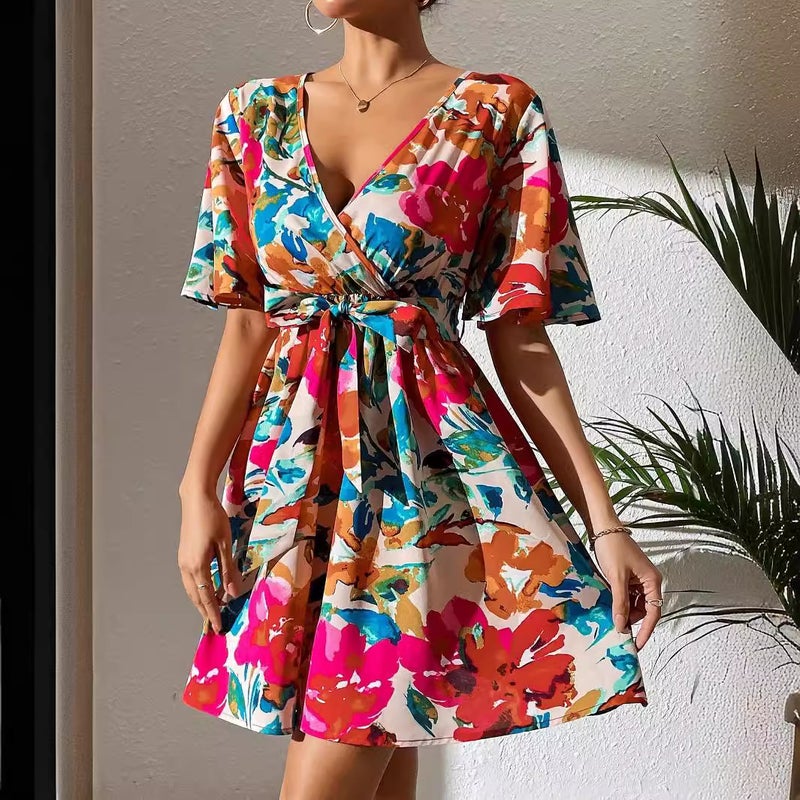 Women's Floral Print Cross Neck Belted Dress - Image 4