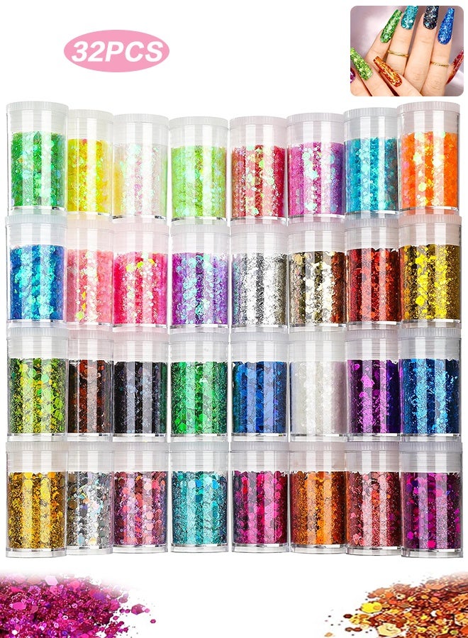 أورجنيزر مزيج بودرة لامعة سميكة وناعمة للمهرجان، 32 لونًا من الترتر السميك، رقائق لامعة قزحية، مستحضرات تجميل للوجه والجسم والعين والشعر والأظافر، كوب من الراتنج اللامع السائب - Image 1