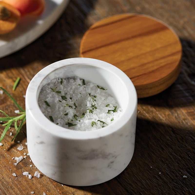 Anolon وعاء ملح أنولون من الرخام مع غطاء من خشب الساج  وعاء ملح من الرخام مع غطاء من خشب الساج  525 أونصة  أبيض - Image 5