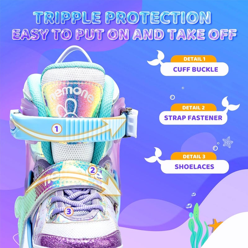 NEMONE Mermaid 4 Size Adjustable Light Up Roller Skates for Girls - Purple Blue - Image 5