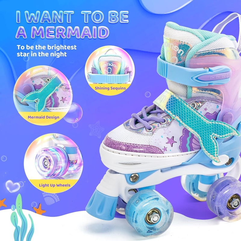 NEMONE Mermaid 4 Size Adjustable Light Up Roller Skates for Girls - Purple Blue - Image 3