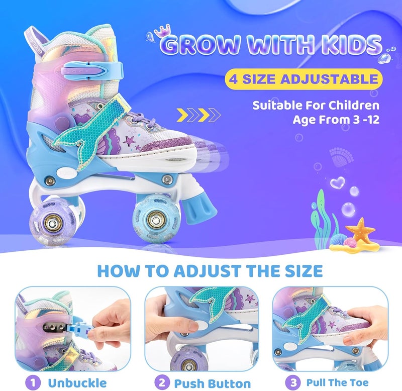 NEMONE Mermaid 4 Size Adjustable Light Up Roller Skates for Girls - Purple Blue - Image 2