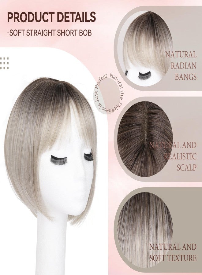 LEEONS Hair Toppers for Women with Bangs Short Bob Synthetic Hair Pieces for Thinning Hair Side Part (Mixed Ivory Blonde with Dark Root) - Image 2