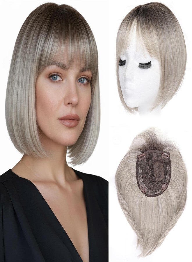 LEEONS Hair Toppers for Women with Bangs Short Bob Synthetic Hair Pieces for Thinning Hair Side Part (Mixed Ivory Blonde with Dark Root) - Image 1