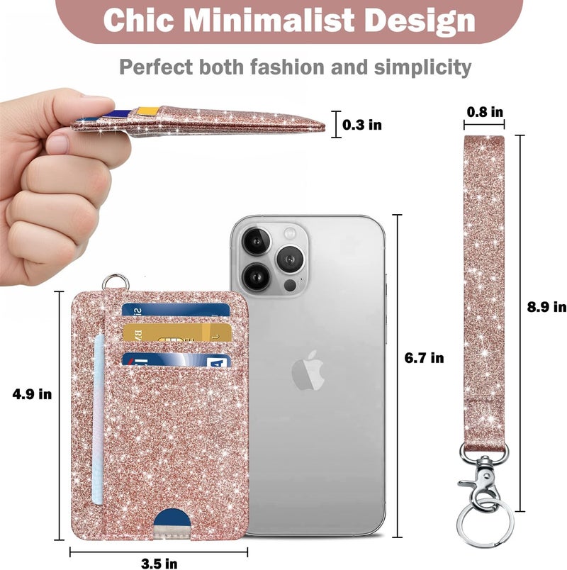 Hot Cool Card Holder Keychian and Lanyard Wallet Front Pocket Minimalist Travel Cute Funny Thin Leather With RFID Blocking Small Credit Card Holder Wallet for Men & Women Girls Organizer Gifts, Glitter Rose - Image 4