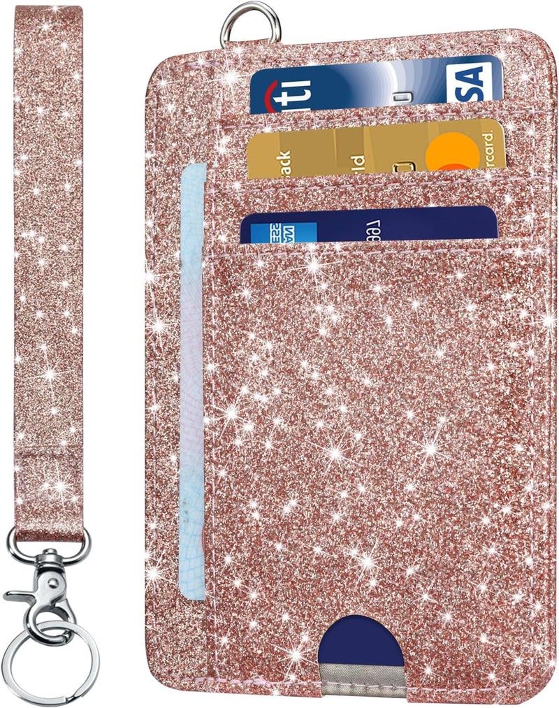 Hot Cool Card Holder Keychian and Lanyard Wallet Front Pocket Minimalist Travel Cute Funny Thin Leather With RFID Blocking Small Credit Card Holder Wallet for Men & Women Girls Organizer Gifts, Glitter Rose - Image 1