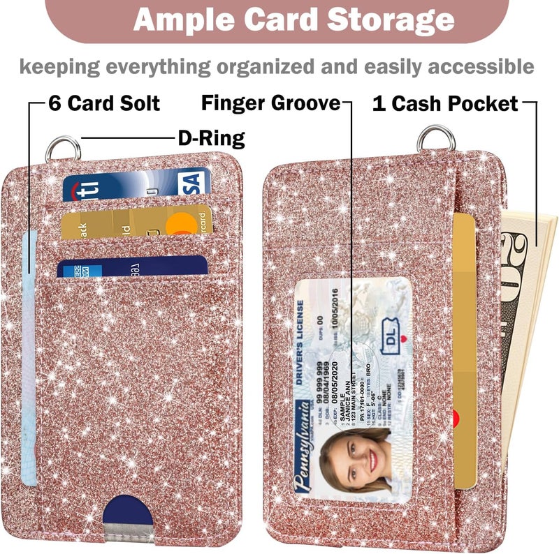 Hot Cool Card Holder Keychian and Lanyard Wallet Front Pocket Minimalist Travel Cute Funny Thin Leather With RFID Blocking Small Credit Card Holder Wallet for Men & Women Girls Organizer Gifts, Glitter Rose - Image 3