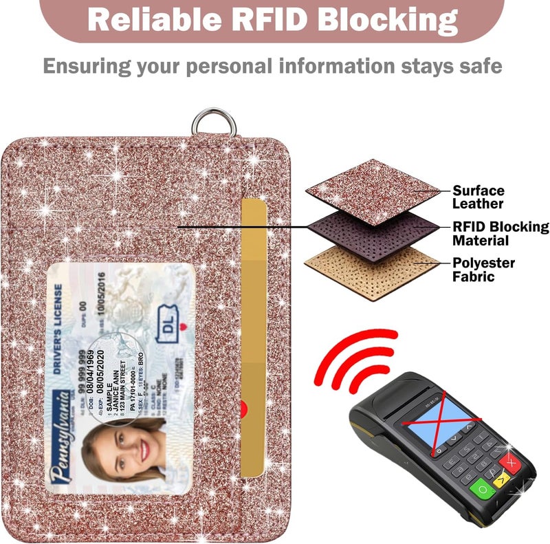 Hot Cool Card Holder Keychian and Lanyard Wallet Front Pocket Minimalist Travel Cute Funny Thin Leather With RFID Blocking Small Credit Card Holder Wallet for Men & Women Girls Organizer Gifts, Glitter Rose - Image 5