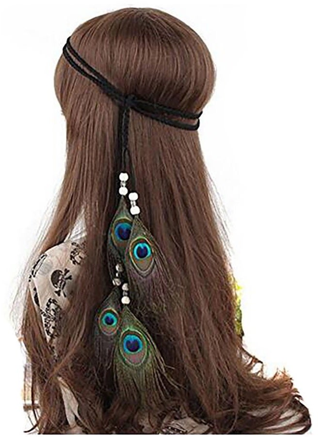 Fodattm Girls Women Lady Hippie Peacock Feather Headband Headwear Bohemian Tassels Hairband Hair Hoop Handmade Indian Headband Fascinator Hair Bands Headdress Hair Accessories - Image 1