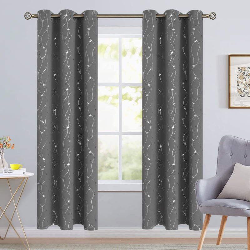 BGment Blackout Curtains 84 Inch Length 2 Panels Set Grommet Thermal Insulated Room Darkening Window Curtains with Wave Line and Dots Printed for Bedroom  42 x 84 Inch  Dark Grey - Image 2