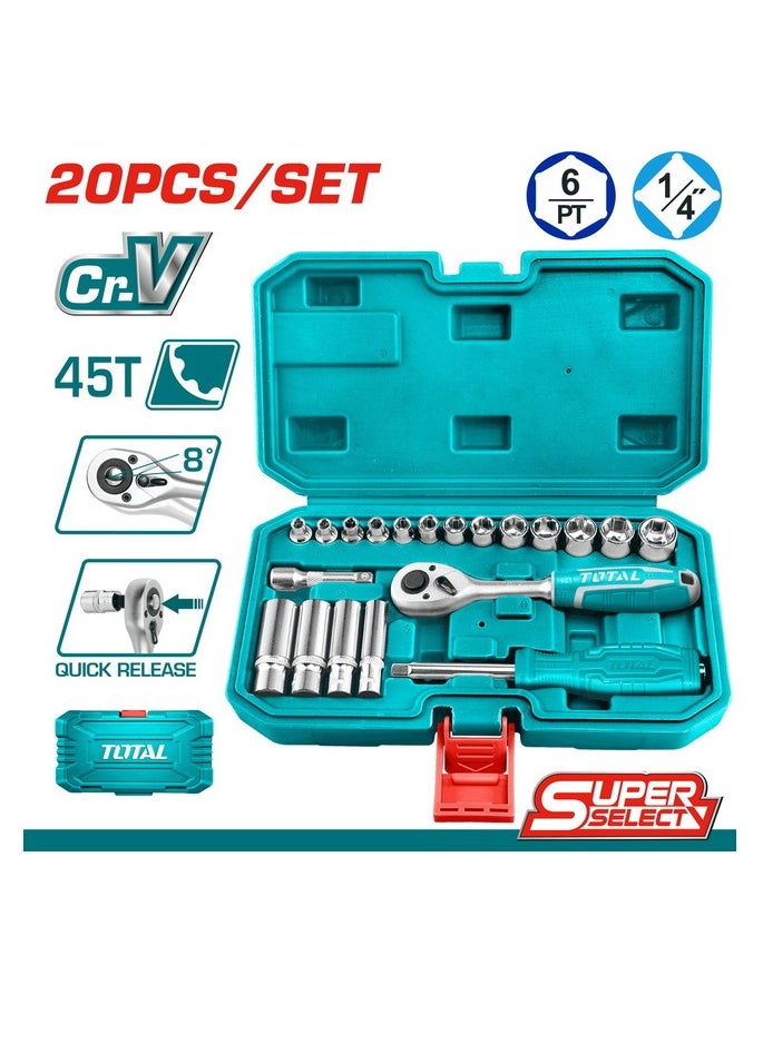 TOTAL Total 20 Pcs 1/4" Socket Set - Complete Tool Kit with Ratchet, Sockets, Extension & Screwdriver for Home & Garage Repairs  - Image 1