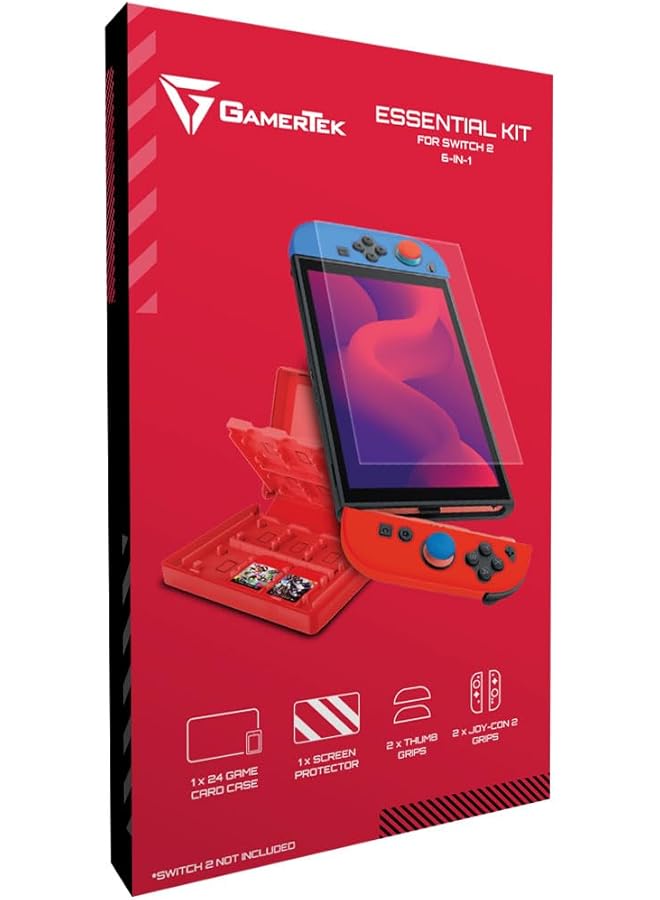 Gamertek Essential Kit For Nintendo Switch 2 – 6 In 1 Starter Pack With Game Card Case Screen Protector Thumb Grips & Joy Con Covers  - Image 1
