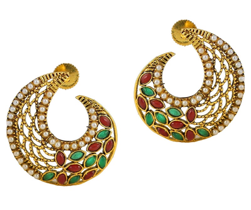 Touchstone Indian Bollywood Fine Filigree Jali Handcrafted Rhinestone Faux Pearl Elegantly Stylized Designer Jewelry Earrings in Antique Gold Or White tone for Women. - Image 5