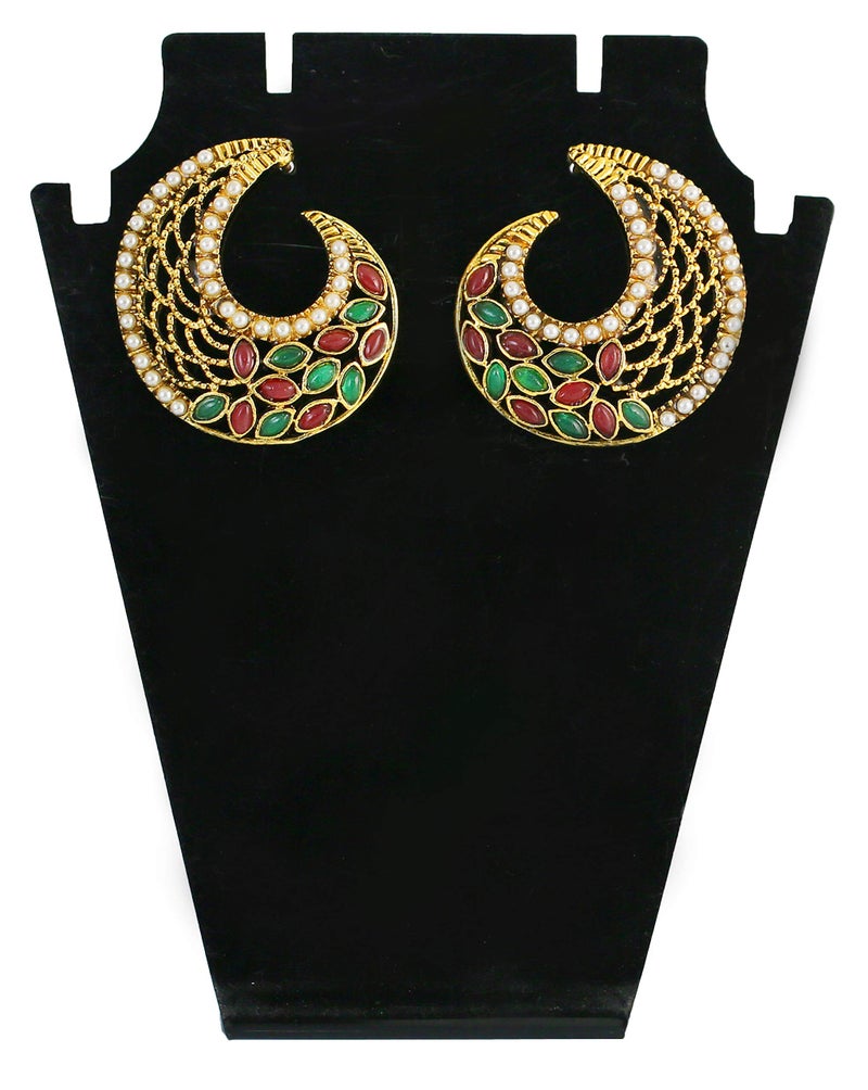 Touchstone Indian Bollywood Fine Filigree Jali Handcrafted Rhinestone Faux Pearl Elegantly Stylized Designer Jewelry Earrings in Antique Gold Or White tone for Women. - Image 2