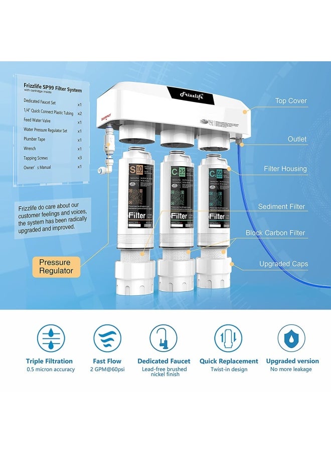 Generic - FRIZZLIFEUnder Sink Water Filter System with Brushed Nickel Faucet SP99-NEW NSF 4253 Certified 3-Stage 0.5 Micron Removes Lead Chlorine Chloramine Fluoride Odor- Quick Change - Image 1