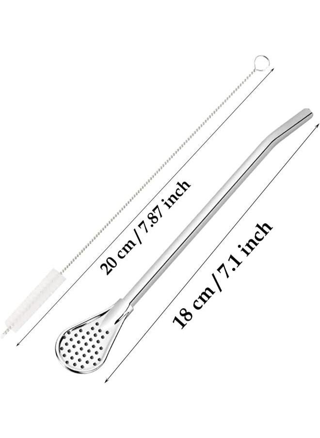 3 Pieces Stainless Steel Reusable Straw with attached Filter Spoon and Cleaning Brush Set