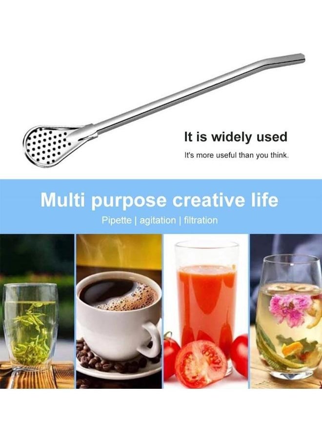 3 Pieces Stainless Steel Reusable Straw with attached Filter Spoon and Cleaning Brush Set