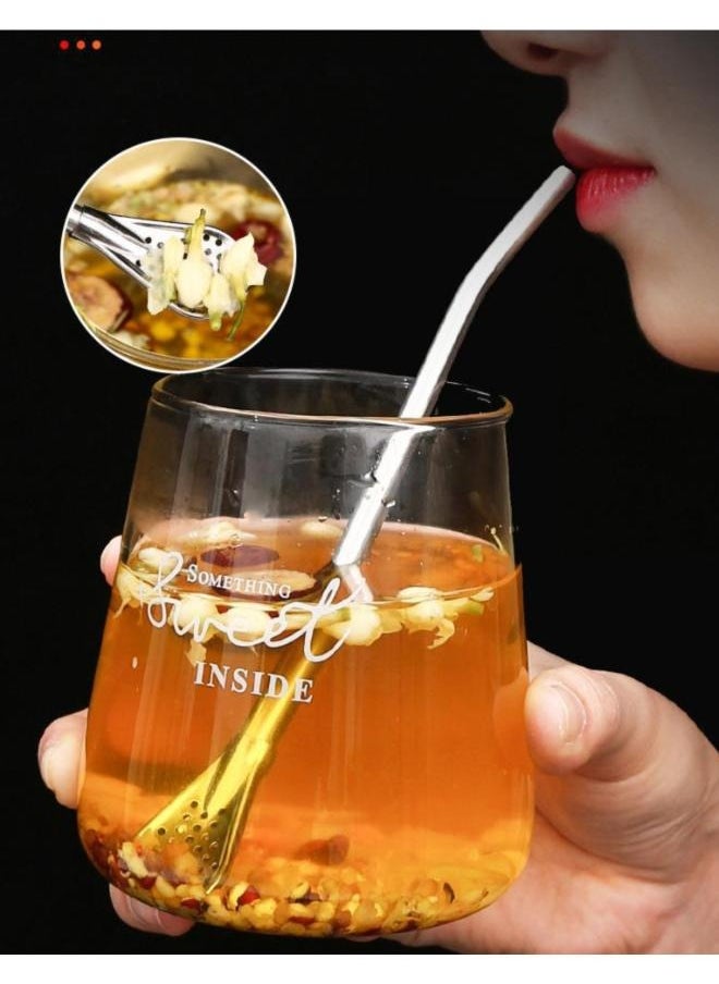 3 Pieces Stainless Steel Reusable Straw with attached Filter Spoon and Cleaning Brush Set