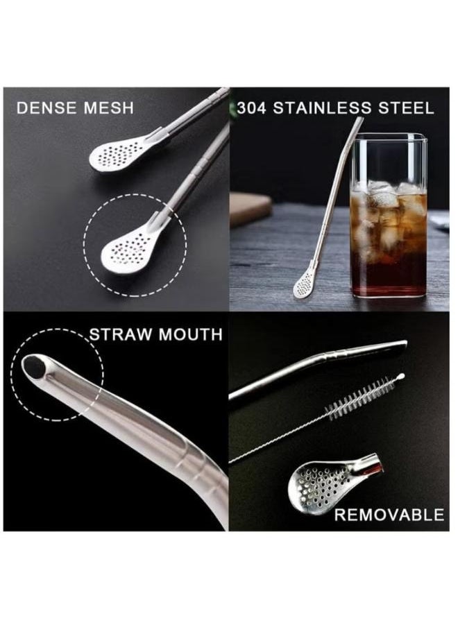 3 Pieces Stainless Steel Reusable Straw with attached Filter Spoon and Cleaning Brush Set