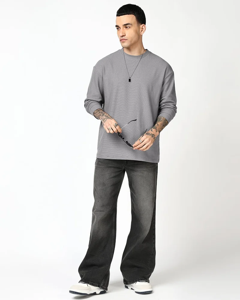 bewakoof  Men's Light Grey Textured Oversized T-shirt  | Best Price UAE