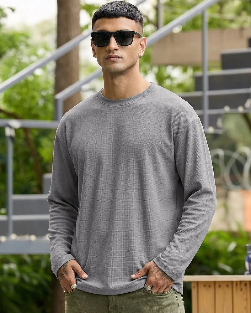 bewakoof  Men's Light Grey Textured Oversized T-shirt  | Best Price UAE