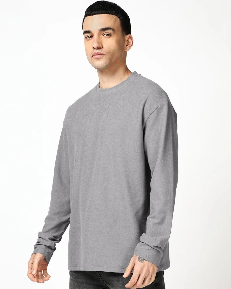 bewakoof  Men's Light Grey Textured Oversized T-shirt  | Best Price UAE