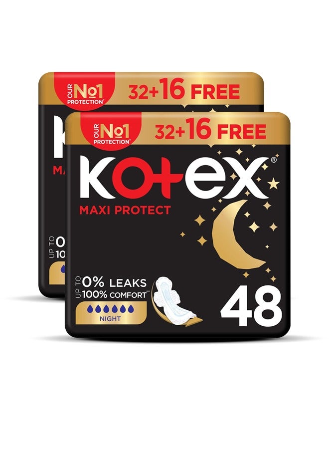 Kotex Anti-Leak Maxi Protect Pads with Wings Night 2x48 Pads - Image 1