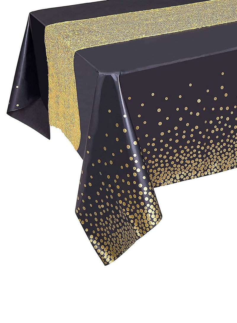 KASTWAVE Black Tablecloth Gold Sequin Table Runner Set, Black and Gold Party Decorations, Rectangle Table Cover Plastic Table Cloths for Parties, Gold Table Runners, for Graduation Birthday Anniversary - Image 1