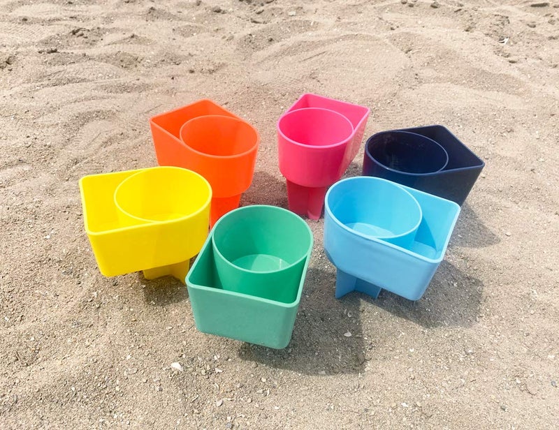 Home Queen Beach Cup Holder with Pocket, Multifunctional Sand Cup Holder for Beverage Phone Sunglass Key, Beach Accessory Drink Sand Coaster, Set of 6 (Navy, Teal, Yellow, Orange, Blue and Pink) - Image 5