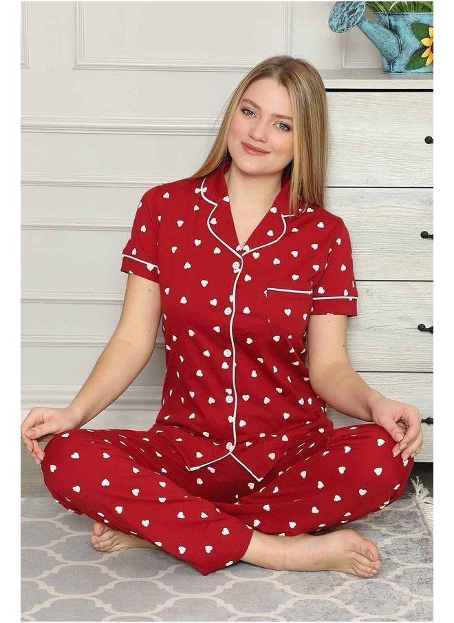 PACIFIC Women Red Cotton and Heart Patterned Pajamas Set HomeWear 