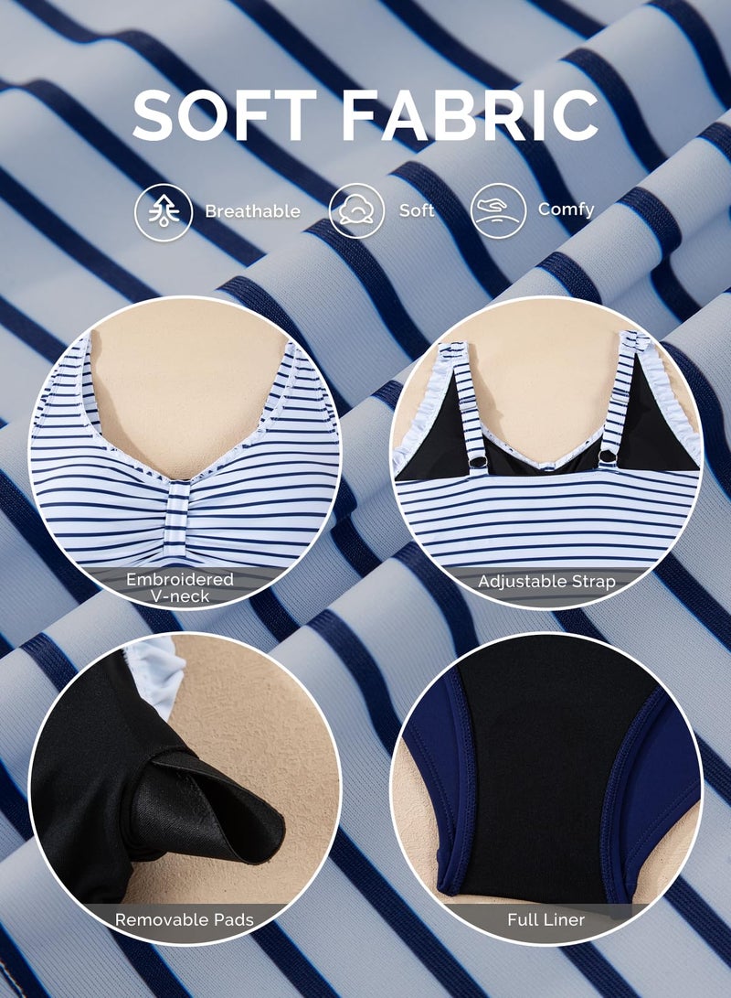 Aleumdr Ruffle Tankini Swimsuit for Women Two Piece Bathing Suit Tummy Control Swimwear Floral Print Swim Tank Top Blue Stripe Large - Image 5