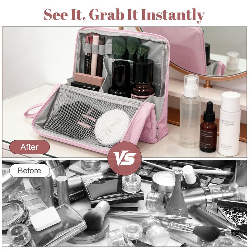 seektik Standing Makeup Bag, Multifunctional Large Capacity Makeup Bag with Compartments,Waterproof Portable and Foldable Travel Makeup Storage Bag for Women (Pink) - Image 4