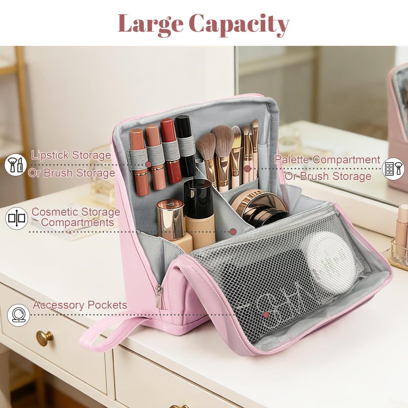 seektik Standing Makeup Bag, Multifunctional Large Capacity Makeup Bag with Compartments,Waterproof Portable and Foldable Travel Makeup Storage Bag for Women (Pink) - Image 3