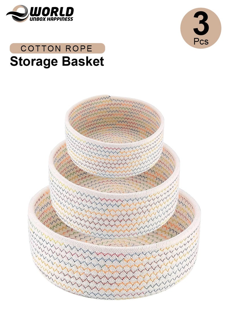 إي وورلد طقم من 3 سلال تخزين من حبل القطن المنسوج – بأحجام كبيرة ومتوسطة وصغيرة للتخزين على الرفوف، الخزائن، الحمام وتنظيم المنزل - Image 1