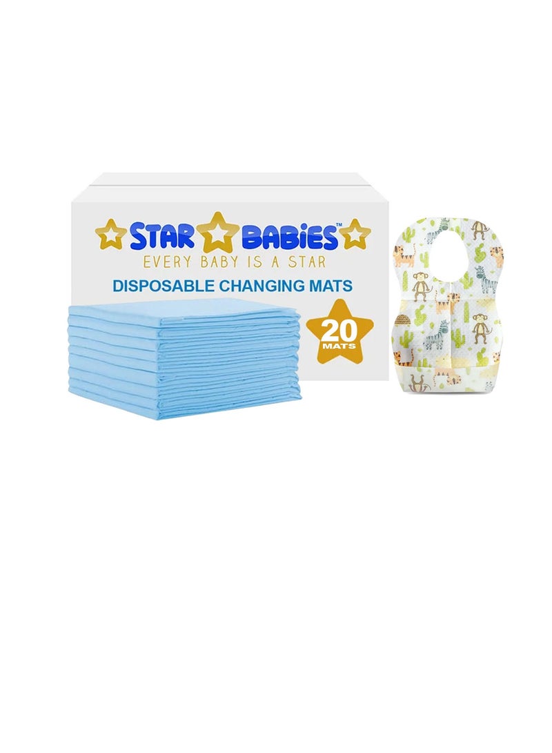 Star Babies - Combo Pack of 2- Disposable Changing Mat Pack of 20 with Disposable Bibs (20 Pcs) - Blue - Image 1