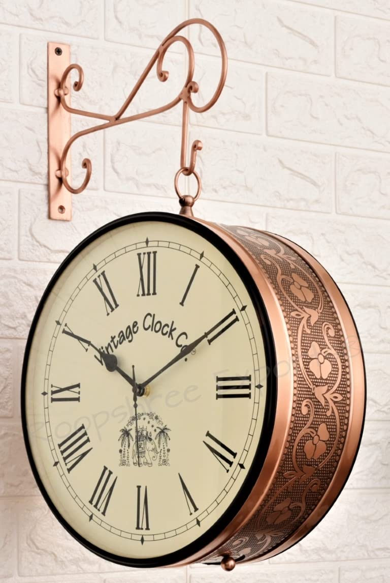 Vintage Clock Iron Handcrafted Double Side Analog Clock With World Time & Roman Numbers 1 Year Warranty (12 Inches Size , Rose Gold Finish , Floral Design, Vc-65471) - Image 3