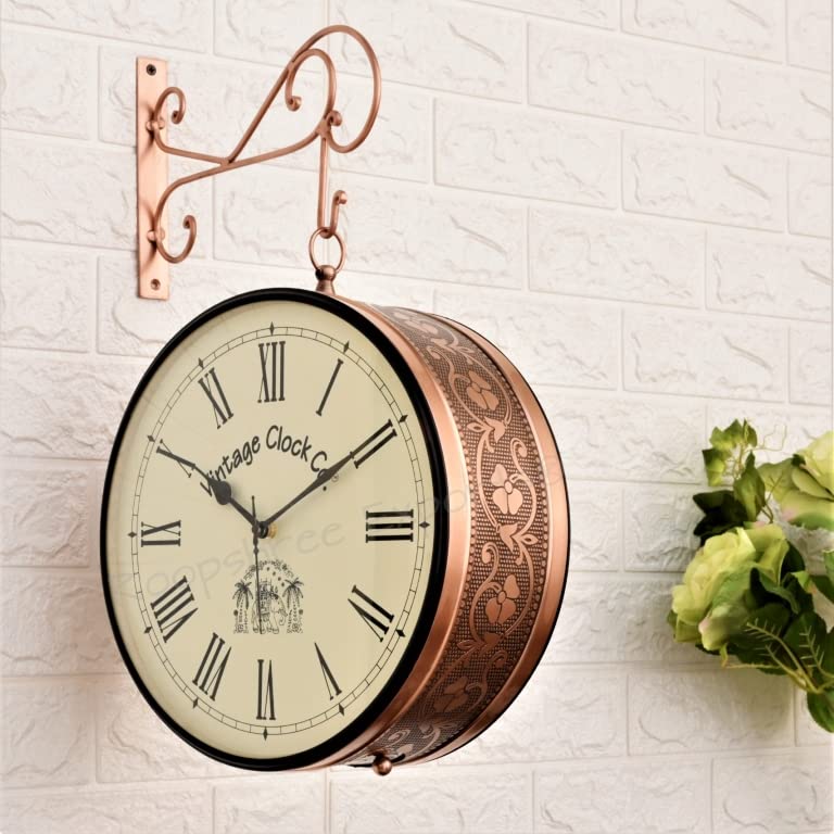 Vintage Clock Iron Handcrafted Double Side Analog Clock With World Time & Roman Numbers 1 Year Warranty (12 Inches Size , Rose Gold Finish , Floral Design, Vc-65471) - Image 5