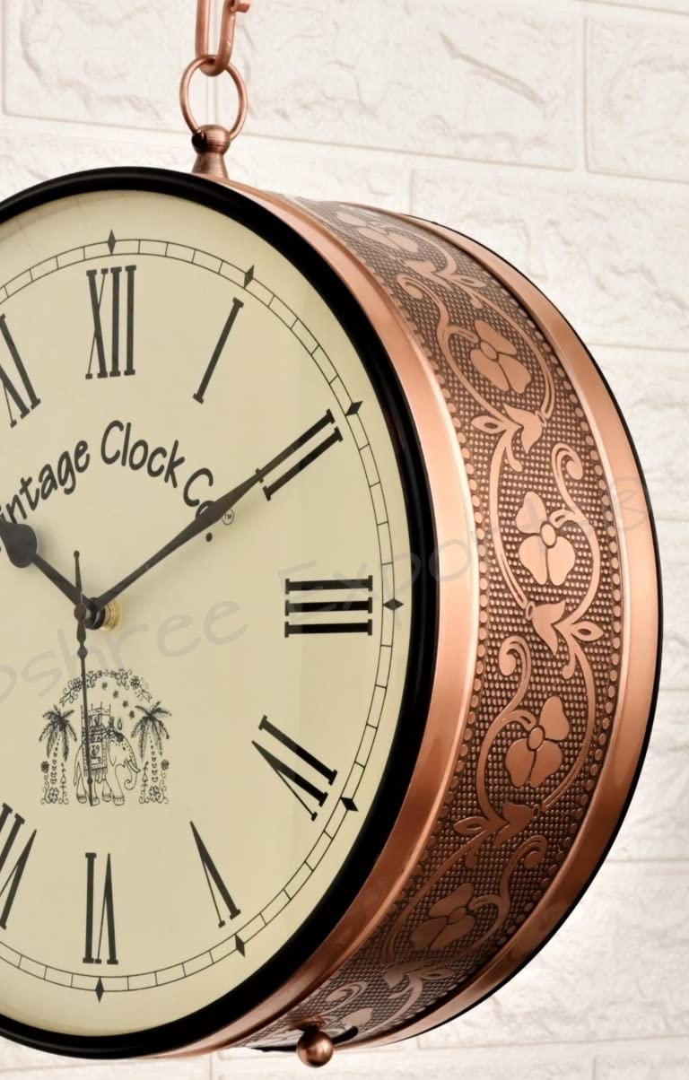Vintage Clock Iron Handcrafted Double Side Analog Clock With World Time & Roman Numbers 1 Year Warranty (12 Inches Size , Rose Gold Finish , Floral Design, Vc-65471) - Image 4