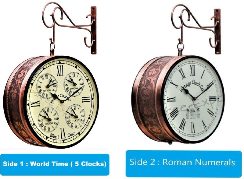 Vintage Clock Iron Handcrafted Double Side Analog Clock With World Time & Roman Numbers 1 Year Warranty (12 Inches Size , Rose Gold Finish , Floral Design, Vc-65471) - Image 2