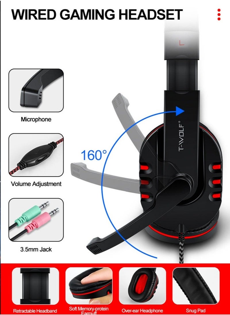 T-WOLF - Wired Gaming Keyboard and Mouse Headset Combo,Rainbow LED Backlit Wired Keyboard,Over Ear Headphone with Mic,Rainbow Backlit Gaming Mice,Mouse Pad,for PC,Laptop,Mac,PS4,Xbox(Black) - Image 1