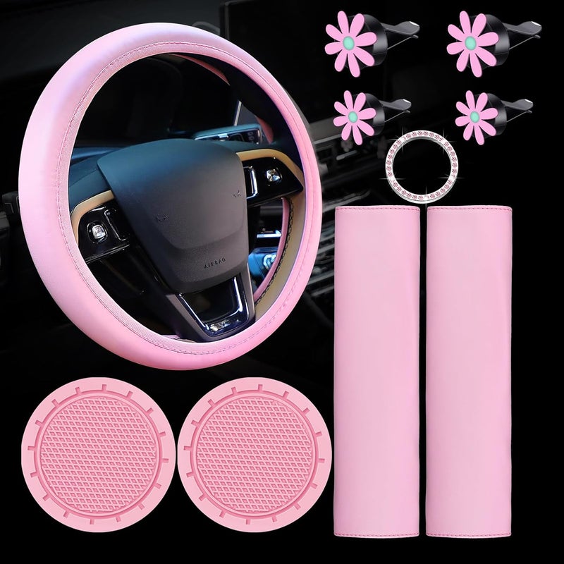 Frienda 10 Pc Pink Leather Steering Wheel Cover Set - With Seat Belt Pads, Cup Holders, Bling Buttons - Image 1