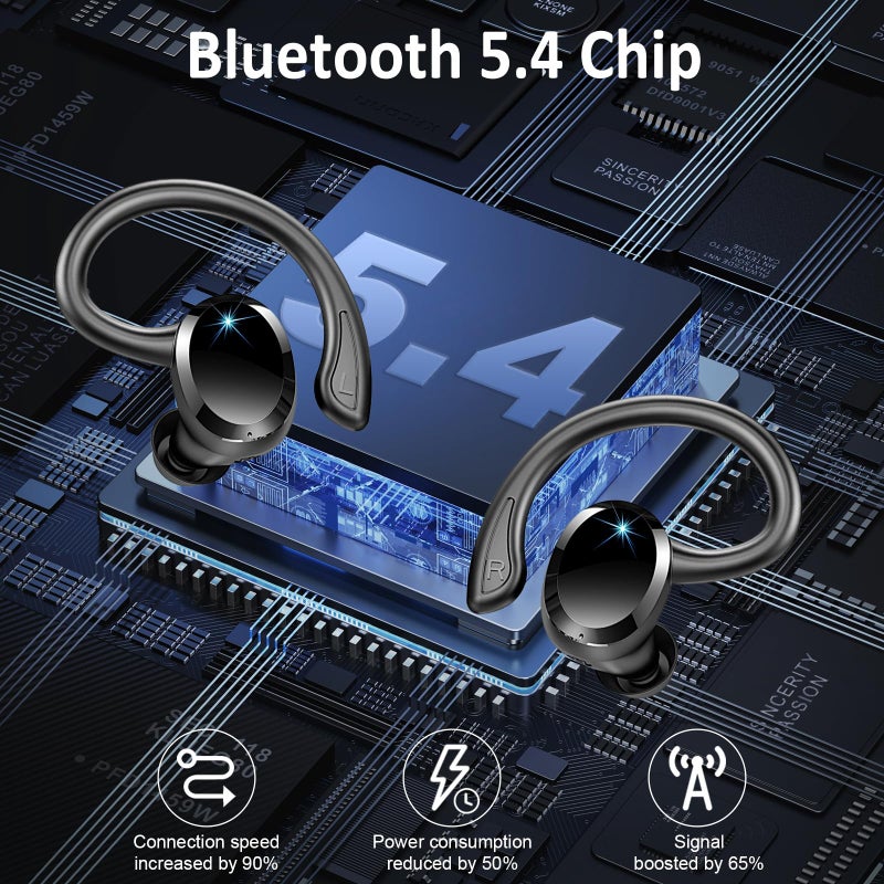 Rulefiss Wireless Earbuds Sport, 2025 Bluetooth 5.4 Headphones 3D Bass Hi-Fi Stereo Over Ear Buds, 60H ENC Noise Cancelling Headset with Earhook, IP-X7 Waterproof Earphones Workout Running Gym for Android iOS - Image 2