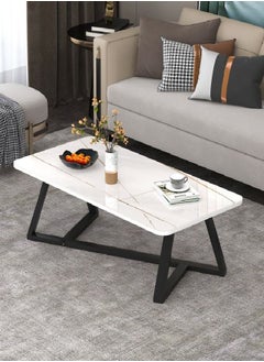 Coffee Table Rectangular High-End Sofa Table Marble Table Top with Matt Black Metal Frame