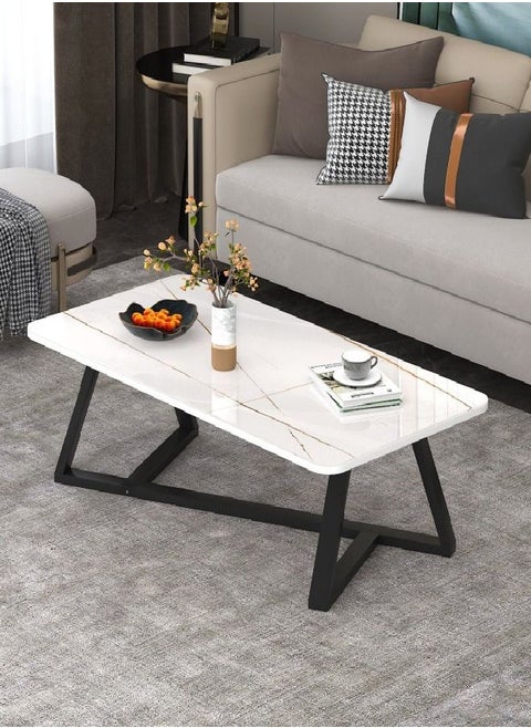 Coffee Table Rectangular High-End Sofa Table Marble Table Top with Matt Black Metal Frame