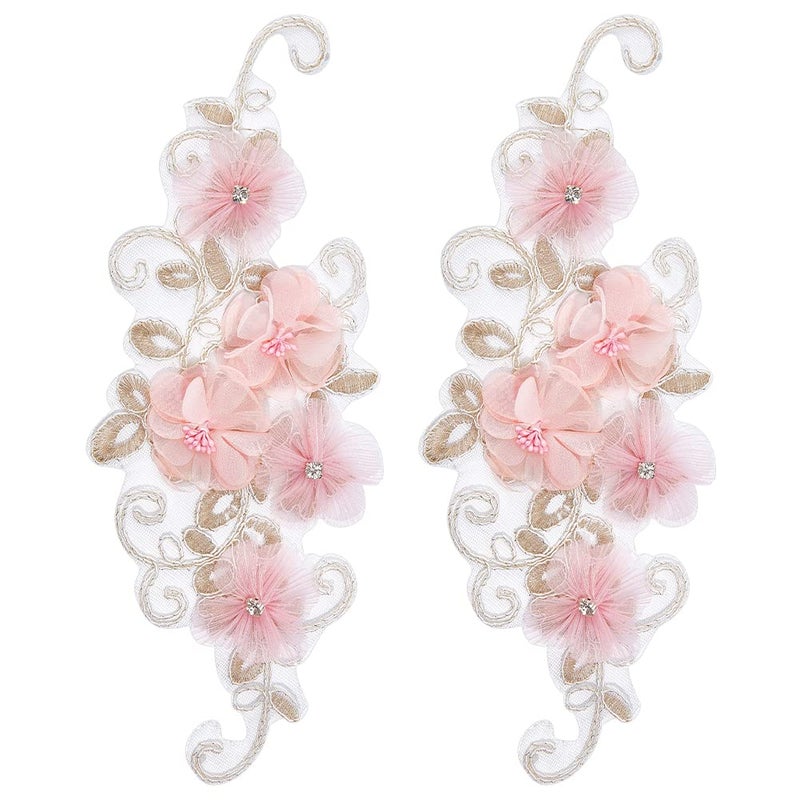 Nbeads 2 Pcs 3D Flower Lace Applique With Rhinestone  Pink Flower Lace Patches Floral Embroidered Appliques Ornaments Sew On Patches For Diy Clothing Wedding Dressing Decoration
