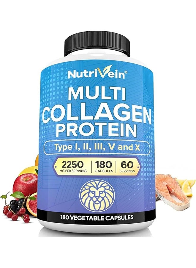 Nutrivein Type I, II, III, V, X - Anti-Aging Multi Collagen Pills for Women and Men (2250mg)- 180 Capsules - Image 1
